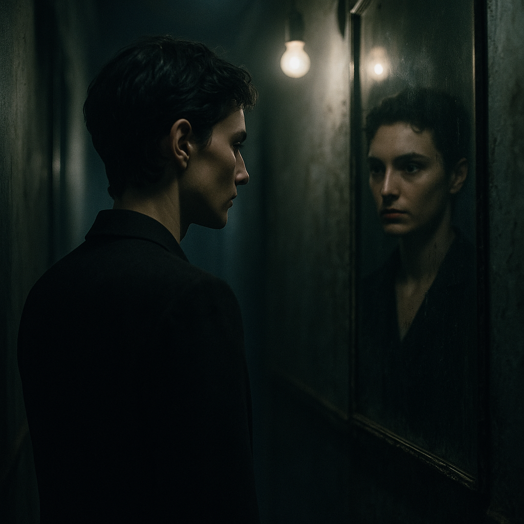 A moody photographic portrait of an androgynous adult confronting their mirror doppelgänger in a